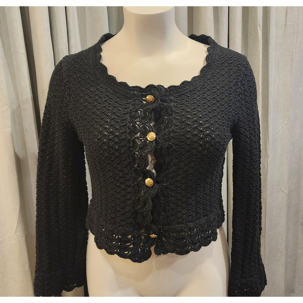 J.Crew Collection Cardigan Womens XL Black Crochet Open Knit Gold Button Cropped